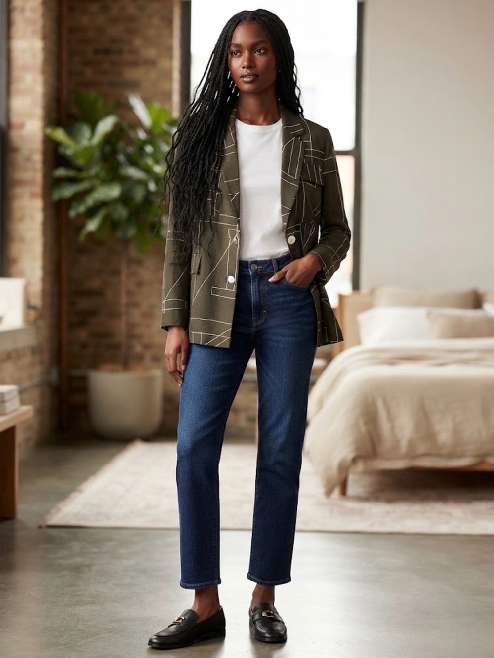 Zara Army Green Button-Front Geometric Print Blazer